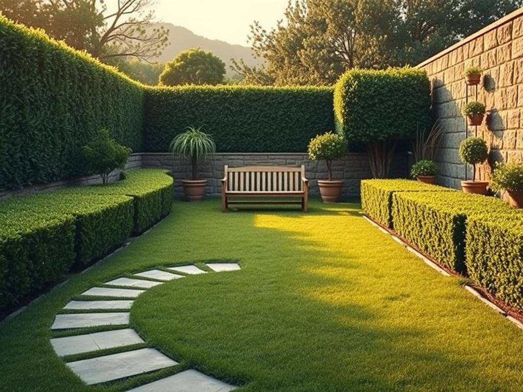 A beautifully manicured minimalist garden with neatly trimmed hedges, lush green grass, and strategically placed potted plants. The scene is bathed in warm, soft lighting, creating a serene and calming atmosphere. In the foreground, a stone pathway winds through the garden, inviting exploration. The middle ground features a simple wooden bench, perfect for enjoying the tranquility of the space. In the background, a low stone wall frames the scene, blending seamlessly with the natural landscape. The overall impression is one of understated elegance and harmony. www.jowolandborepile.com