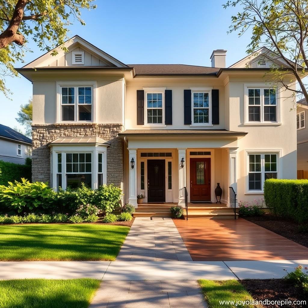A classic, minimalist 2-story house bathed in warm, natural light. The facade features clean lines, large windows, and a mix of stone and wood accents. A well-manicured front yard with lush greenery and a paved walkway leads to the inviting main entrance. The interior is bright and airy, with high ceilings, polished hardwood floors, and tasteful, understated decor. Subtle details like ornate light fixtures and intricate moldings add a touch of timeless elegance. Thoughtful landscaping, including a neatly trimmed hedge and flowering plants, complement the overall aesthetic. www.jowolandborepile.com