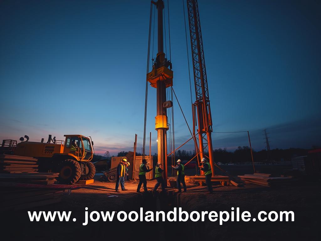 A construction site at dusk, with a hydraulic static pile driver standing tall against the evening sky. The operator carefully positions the heavy machinery, its yellow paint gleaming in the fading light. In the foreground, workers in hard hats and reflective vests guide the pile as it's slowly driven into the earth, the rhythmic pounding echoing through the air. The surrounding area is cluttered with construction materials, scaffolding, and the beginnings of a new structure, conveying a sense of progress and industry. The scene is captured with a wide-angle lens, emphasizing the scale and complexity of the process. Subtle lighting casts dramatic shadows, adding depth and atmosphere. The website "www.jowolandborepile.com" is prominently displayed, showcasing the expertise behind this efficient foundation-laying technique.