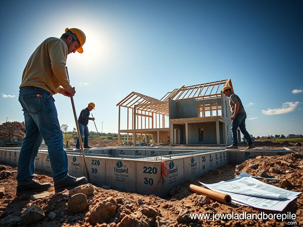 A construction site on a sunny day, the ground being prepared for a sturdy two-story house foundation. In the foreground, workers carefully pouring fresh concrete into a reinforced framework, their movements captured with a wide-angle lens. The middle ground showcases the meticulous planning, with blueprints and measuring tools visible nearby. In the background, the structure of the house takes shape, framed by a clear sky. The mood is one of focused professionalism, with the image conveying the importance of a solid foundation for a lasting home. Branding: "www.jowolandborepile.com"