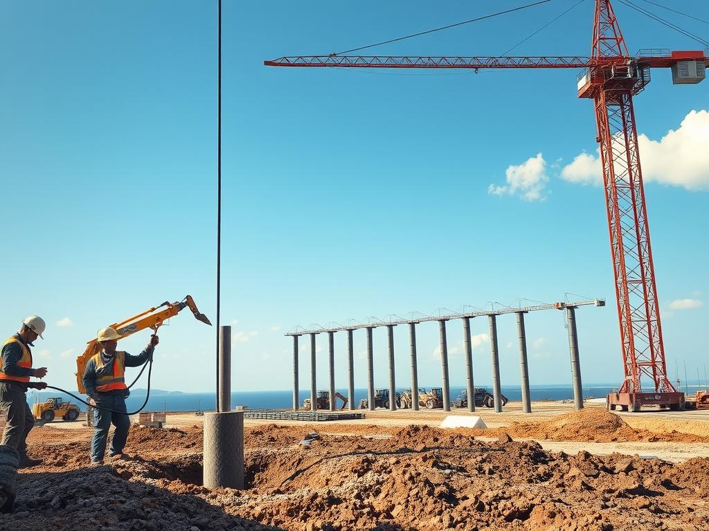 A construction site on a sunny day, with a large crane towering over the scene. In the foreground, workers carefully guide a steel tiling pile into the ground, using a hydraulic hammer to drive it deep into the soil. The pile's sharp tip cuts through the earth, leaving behind a perfectly cylindrical hole. In the middle ground, additional piles stand erected, their heads connected by sturdy metal beams, forming the foundation for a sprawling structure. In the background, the horizon is dotted with the silhouettes of other construction equipment, including excavators and dump trucks, all working in harmony to bring this project to life. The overall scene conveys a sense of precision, power, and progress. www.jowolandborepile.com