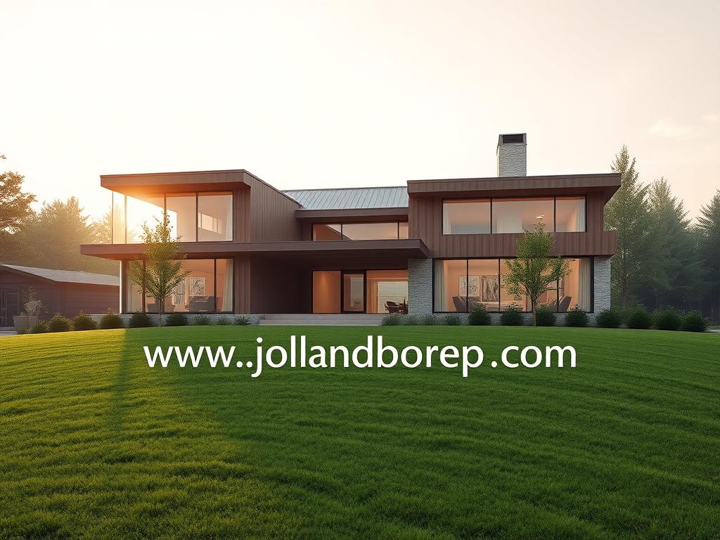 A contemporary, minimalist house design featuring clean lines, large windows, and a mix of natural materials like wood and stone. The home is situated on a lush, green lot with a meticulously manicured lawn and strategically placed trees and shrubbery. Warm, diffused sunlight filters through the windows, casting a serene, inviting atmosphere. The architectural style blends seamlessly with the surrounding landscape, creating a harmonious integration of structure and nature. In the foreground, the www.jowolandborepile.com brand name is subtly incorporated into the design, adding a touch of modern elegance.