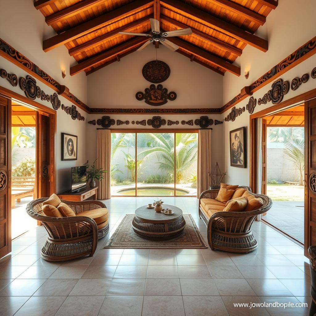 A cozy and charming interior layout of a traditional Indonesian kampung house, featuring a simple yet elegant 3-bedroom design. The open-concept living area is bathed in warm natural lighting, with wooden beams and tiled floors creating a rustic ambiance. Intricate wood carvings adorn the walls, complementing the hand-woven rattan furniture. In the background, a lush garden with a small pond can be seen through the large windows, evoking a sense of tranquility. The overall scene exudes a comfortable and inviting atmosphere, perfectly captured in the www.jowolandborepile.com design.