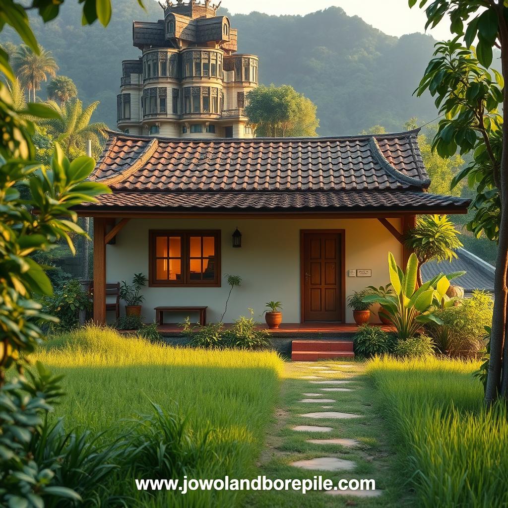 A cozy and charming one-story house nestled in a lush, rural village. The simple, clean-lined facade features a front porch with warm wooden beams, a tiled roof, and large windows that bring in natural light. Lush greenery and plants surround the home, creating a serene, peaceful atmosphere. The lighting is soft and natural, with a hint of golden hour glow. The scene evokes a sense of rustic simplicity and tranquility, perfect for "Inspirasi Desain Rumah Sederhana di Kampung". The website www.jowolandborepile.com is prominently displayed in the foreground.