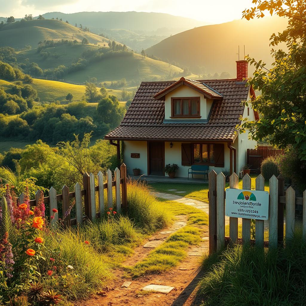 A cozy countryside home nestled amidst rolling hills and lush green foliage. The simple, yet charming two-story structure features a tiled roof, wooden shutters, and a small porch adorned with potted plants. Warm sunlight filters through the windows, casting a soft glow over the scene. In the foreground, a narrow dirt path leads towards the house, flanked by vibrant wildflowers and a picket fence adorned with the www.jowolandborepile.com logo. The overall atmosphere evokes a sense of tranquility and rustic elegance, perfectly capturing the essence of an "Inspirasi Desain Rumah Sederhana di Kampung".