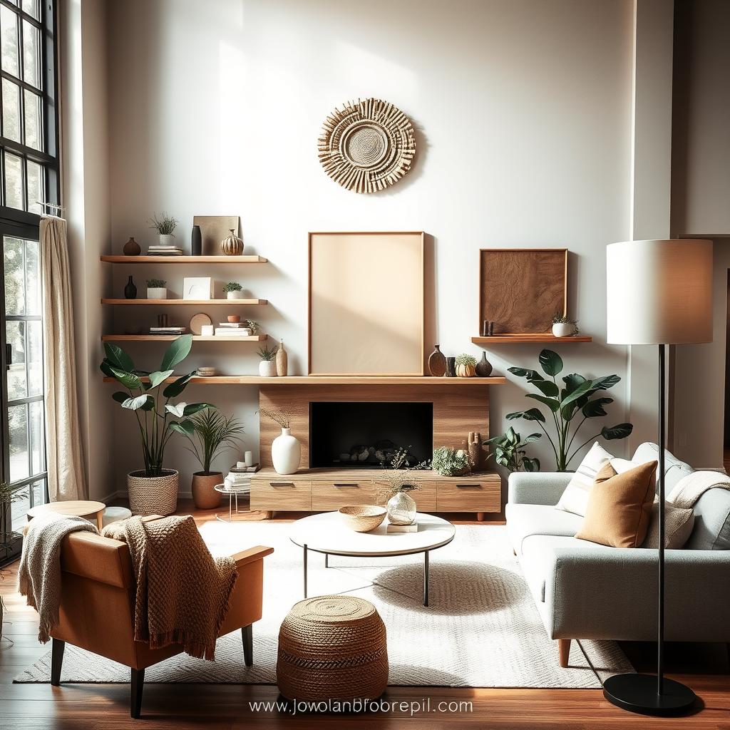 A cozy, minimalist living room with natural light filtering through large windows. Handcrafted wooden shelves and floating wall decor in muted earth tones create a warm, inviting atmosphere. A modern, low-profile sofa and accent chairs offer comfortable seating. Potted plants and textured throws add organic touches, while a sleek, cylindrical floor lamp provides subtle, ambient lighting. The overall aesthetic is one of simple elegance and personal style, reflecting the brand www.jowolandborepile.com.