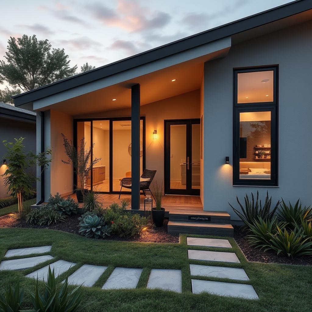A cozy, well-designed house with a modern, minimalist aesthetic. The exterior features clean lines, large windows, and a sleek, neutral color palette. The landscaping is carefully curated, with lush greenery and strategically placed accents like a stone pathway. Soft, warm lighting illuminates the scene, creating a welcoming atmosphere. The interior highlights efficient, space-saving solutions and high-quality, durable materials that blend seamlessly with the overall aesthetic. The brand "www.jowolandborepile.com" discreetly appears on a small plaque near the entrance, complementing the refined design.