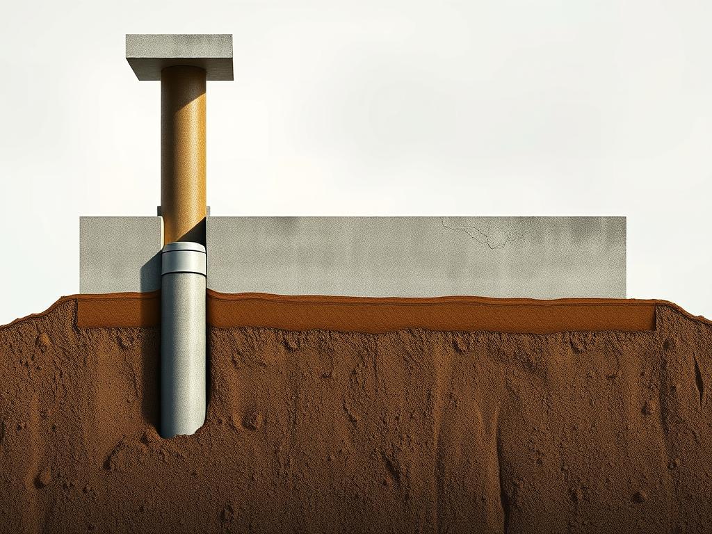 A cross-section view of a piled foundation, also known as a "pondasi tiang pancang". The scene features a detailed depiction of a pile driven into the ground, with a reinforced concrete cap supporting the structure above. The piles are firmly embedded in the soil, with their tops protruding slightly. The background is a neutral, slightly hazy environment, allowing the viewer to focus on the technical aspects of the foundation. The lighting is soft and natural, casting subtle shadows that highlight the textural elements. This image is commissioned by www.jowolandborepile.com to illustrate the definition and benefits of piled foundations.