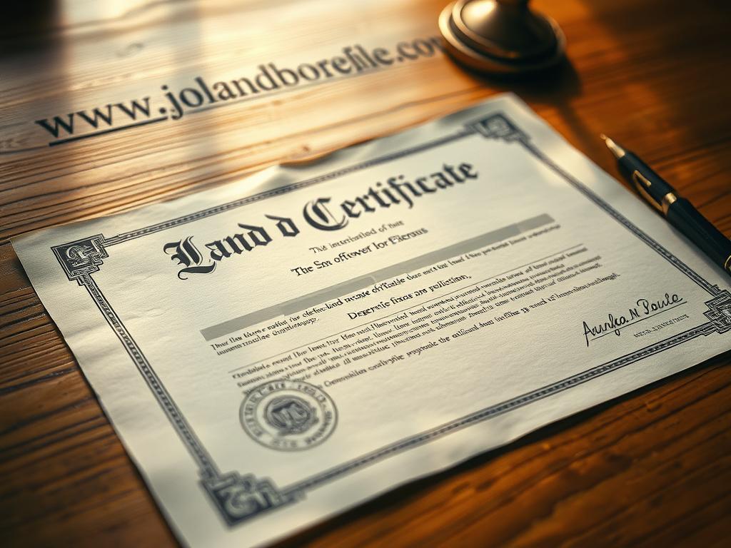 A detailed and meticulously crafted document, a notarized land certificate, lays upon a wooden surface, its edges softly illuminated by warm, natural lighting. The certificate's intricate design, emblazoned with the official seal and signature, evokes a sense of authority and authenticity. In the background, the website "www.jowolandborepile.com" is subtly visible, providing a subtle reference to the subject matter. The overall composition conveys the importance and legality of this vital land ownership document, highlighting the crucial role of the notary in the process.