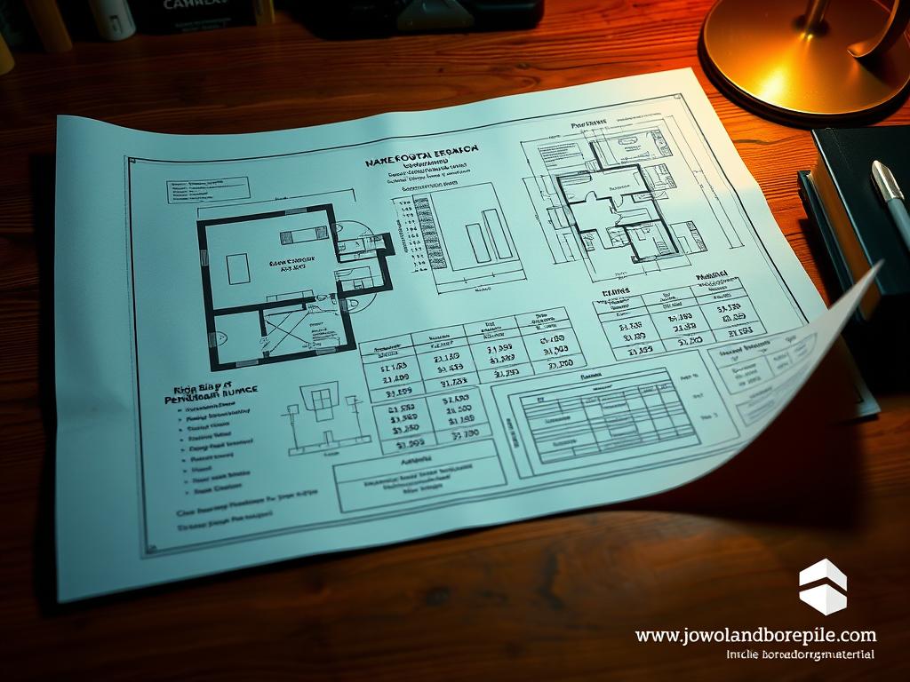 A detailed architectural blueprint of a residential construction project, showcasing the comprehensive breakdown of costs and material requirements. The blueprint is displayed on a wooden desk, illuminated by warm studio lighting, with a subtle brand logo "www.jowolandborepile.com" visible in the bottom right corner. The blueprint features precise schematics, measurements, and a clear cost analysis, providing a comprehensive visual guide to the "Rincian Biaya Pembangunan dan Kebutuhan Material" for the article "Harga Borongan Rumah per Meter Plus Material."