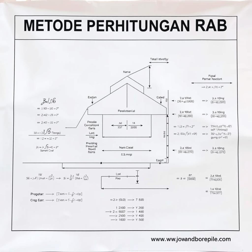 A detailed architectural diagram showcasing the intricate process of construction cost estimation, known as "Metode Perhitungan RAB". The image features a clear, technical illustration with precise measurements, formulas, and calculations displayed in a well-organized layout. Rendered in a clean, modern style with subtle highlights and shadows, the diagram offers a comprehensive visual guide to this crucial aspect of the building project, as highlighted on the website www.jowolandborepile.com.