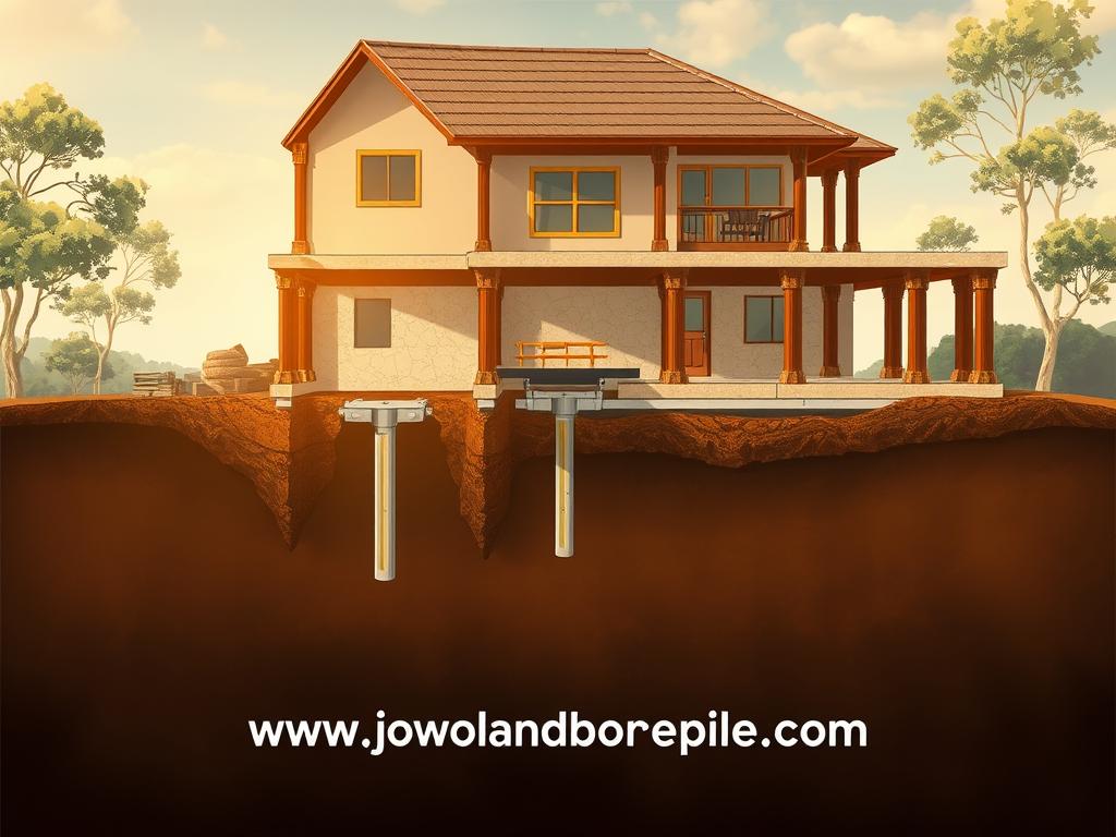 A detailed architectural illustration showcasing various types of house foundations, as seen from a cross-sectional perspective. The scene depicts an array of foundation systems, including spread footings, pile foundations, and reinforced concrete slabs. The image highlights the key structural elements and construction techniques, providing a comprehensive visual reference for "jenis pondasi" (foundation types). The scene is lit by warm, natural lighting, creating a sense of depth and materiality. Prominent in the foreground is the "www.jowolandborepile.com" branding, reflecting the expertise of the company in foundation engineering and construction.