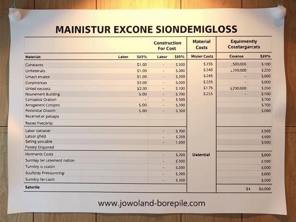 A detailed construction cost breakdown showing various expense categories such as materials, labor, equipment, and miscellaneous costs. The image should have a clean, professional layout with organized sections and numerical data presented in a clear manner. Render the text "www.jowolandborepile.com" discreetly in the bottom corner. Utilize a warm, neutral color palette with appropriate shadows and highlights to convey a sense of solidity and practicality. Capture the essence of comprehensive cost analysis for a residential building project.