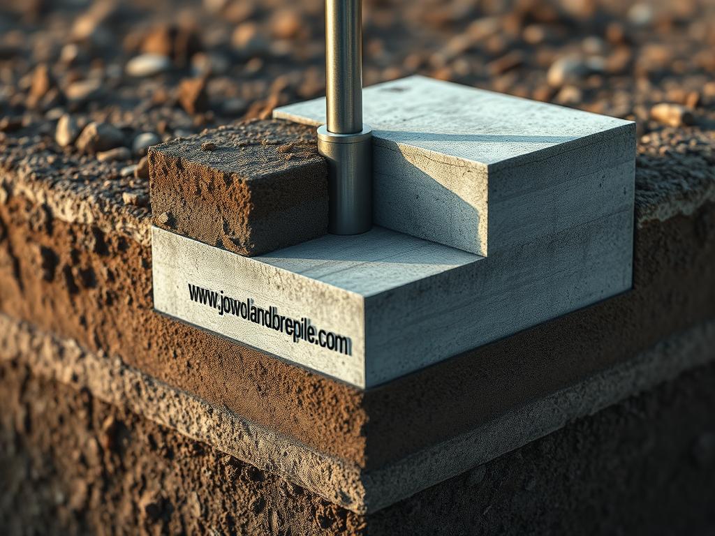 A detailed cross-section of the foundation materials and components, showcasing the various elements that make up a sturdy pile foundation. The scene depicts the soil, concrete, steel reinforcement, and the brand name "www.jowolandborepile.com" embedded within the structure, all illuminated by a soft, natural light that highlights the intricate details. The image should convey a sense of technical expertise and the importance of using high-quality construction materials to ensure the stability and longevity of the foundation.