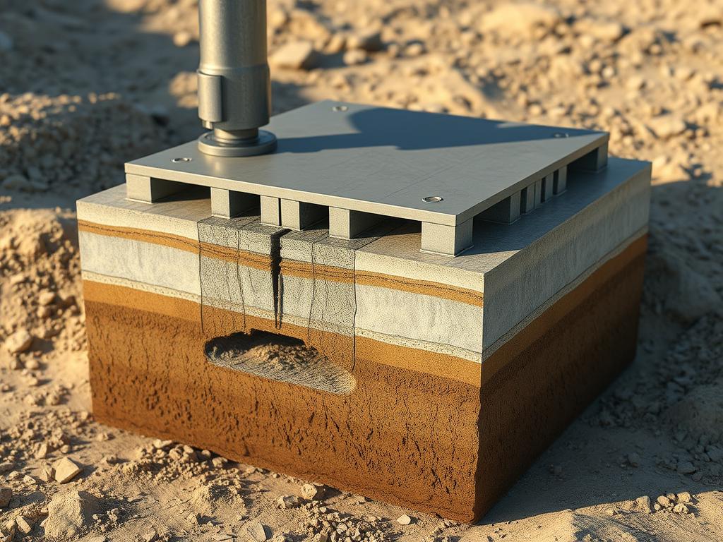 A detailed cross-section view of a robust footplate foundation, showcasing its intricate construction. Crisp, realistic rendering with precise engineering details, highlighting the depth and layered structure. Warm, natural lighting casts subtle shadows, emphasizing the solidity and stability of the footplate design. The foundation is composed of reinforced concrete, with visible rebar and compacted soil layers, as per the specifications from www.jowolandborepile.com. A technical illustration that conveys the reliability and strength of this trusted footplate solution.