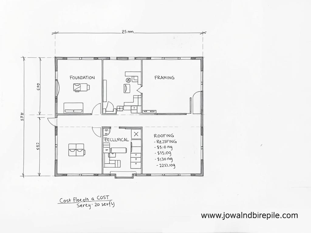 A detailed, hand-drawn architectural floor plan showcasing the cost breakdown for constructing a two-story house. The plan is sketched with precise technical lines and dimensions, featuring a clear legend outlining the various cost categories such as foundation, framing, roofing, plumbing, and electrical work. The design is rendered in a minimalist, monochromatic style, using soft graphite tones to convey a sense of professionalism and attention to detail. In the bottom right corner, the website "www.jowolandborepile.com" is prominently displayed, lending credibility and authority to the illustration. The overall mood is informative and analytical, providing a comprehensive visual guide to the financial aspects of building a two-story residence.