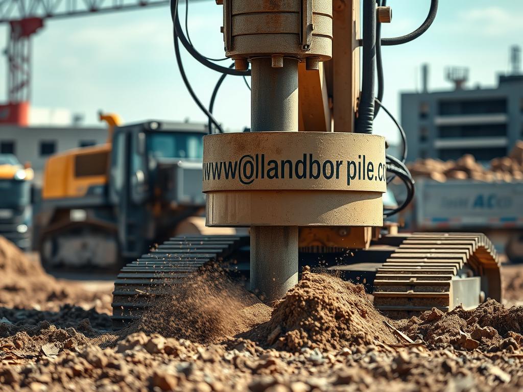A detailed, high-resolution image of a hydraulic static pile driver in operation. The machine is situated in the foreground, its sturdy frame and hydraulic pistons clearly visible. The middle ground shows the pile being driven into the ground, with soil and debris kicked up around it. In the background, a construction site with buildings and machinery is visible, creating a sense of scale and context. The lighting is natural, with soft shadows and highlights accentuating the mechanical details. The composition is balanced and visually striking, showcasing the power and precision of the hydraulic static pile driver. The website "www.jowolandborepile.com" is displayed prominently on the machine's body.