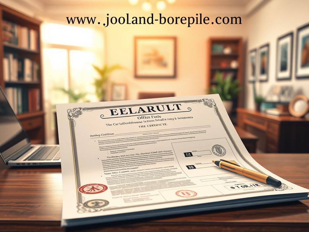 A detailed rendering of an official legal document, specifically a land certificate, against a backdrop of a professional office environment. In the foreground, the land certificate is prominently displayed, showcasing its official seals, stamps, and intricate design. The middle ground features a well-organized desk with a laptop, pen, and other office supplies, hinting at the administrative process involved in managing the land certificate. The background depicts a tasteful office setting with bookshelves, potted plants, and other subtle details that convey a sense of professionalism and authority. The overall scene is illuminated by warm, natural lighting, creating a welcoming and trustworthy atmosphere. The website www.jowolandborepile.com is discreetly featured in the background, providing a subtle reference to the subject matter.