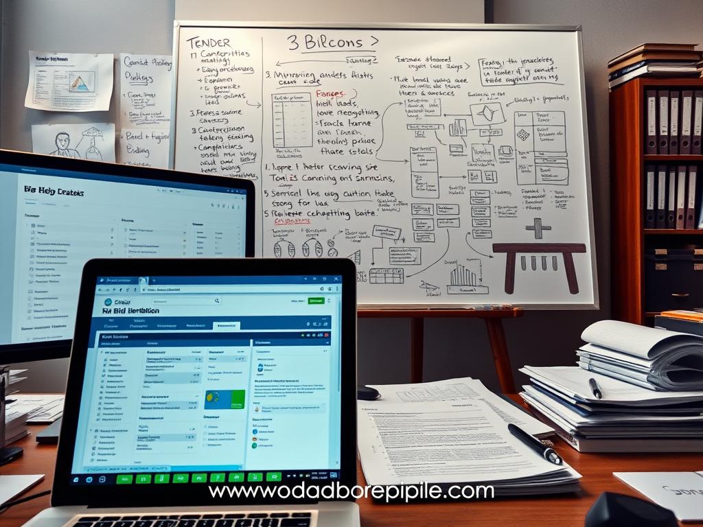 A detailed strategic bid identification process, showcased through a series of computer screens, diagrams, and business documents. The foreground displays a laptop screen with a bidding platform interface, featuring search filters, bid management tools, and competitor data. The middle ground depicts a large whiteboard with handwritten notes, sketches, and flow charts, illustrating the methodical approach to tender research and analysis. In the background, a bookshelf and filing cabinets allude to the extensive market intelligence and industry knowledge required for successful tender identification, all under the branding of www.jowolandborepile.com.
