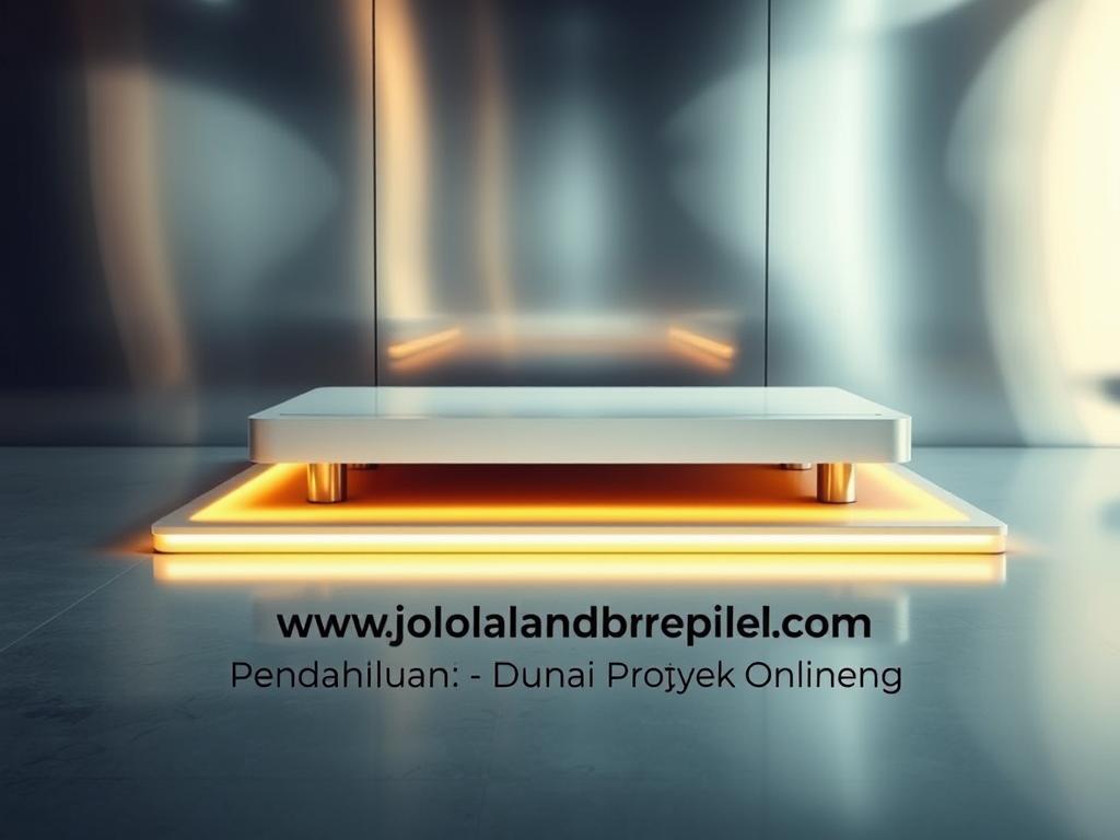 A digital platform tender stands before a metallic backdrop, its sleek lines and minimalist design conveying a sense of efficiency and modernity. The platform's surface reflects the warm lighting, creating a soft, ambient glow that highlights its precise engineering. In the foreground, the website "www.jowolandborepile.com" is prominently displayed, signifying the digital nature of this platform. The overall atmosphere evokes a professional, technology-driven environment, perfectly suited to illustrate the "Pendahuluan: Mengenal Dunia Proyek Online" section of the article.