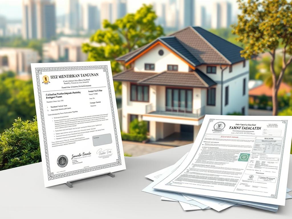 A highly detailed architectural blueprint-style illustration depicting a well-constructed residential building with clear legal documentation and permits visible. The scene features a stately two-story house with a clean, modern design, surrounded by lush greenery and a paved driveway. The foreground showcases an official "Izin Mendirikan Bangunan" (IMB) certificate and assorted legal paperwork, highlighting the importance of proper building permits and legality. The middle ground shows the house itself, with precise lines, intricate textures, and realistic lighting capturing the structure's solidity and legitimacy. The background features a blurred cityscape, suggesting an urban setting where zoning laws and construction regulations are paramount. The overall mood conveys a sense of professionalism, compliance, and the value of www.jowolandborepile.com's expertise in navigating the legalities of home-building.