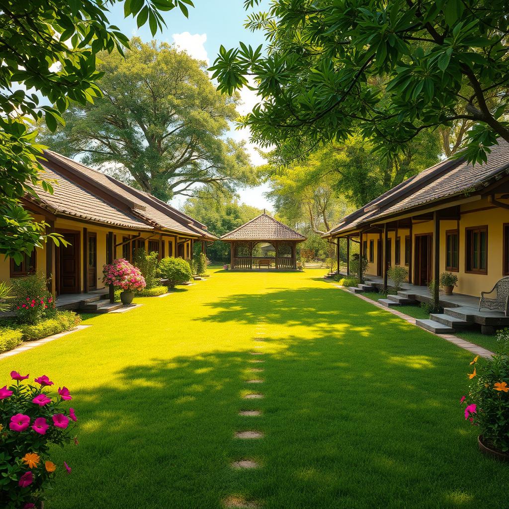A lush green open space in a traditional village, featuring an array of simple yet charming houses with tiled roofs and wooden facades. Vibrant flowers and verdant foliage frame the scene, creating a serene and inviting atmosphere. The warm sunlight filters through the trees, casting soft shadows across the well-trodden paths. In the distance, a small gazebo or communal gathering area stands, its simple design blending seamlessly with the rustic surroundings. The overall composition exudes a sense of tranquility and a connection to the local culture, perfectly capturing the essence of "Desain Rumah Kampung yang Fuksional dan Estetik." www.jowolandborepile.com