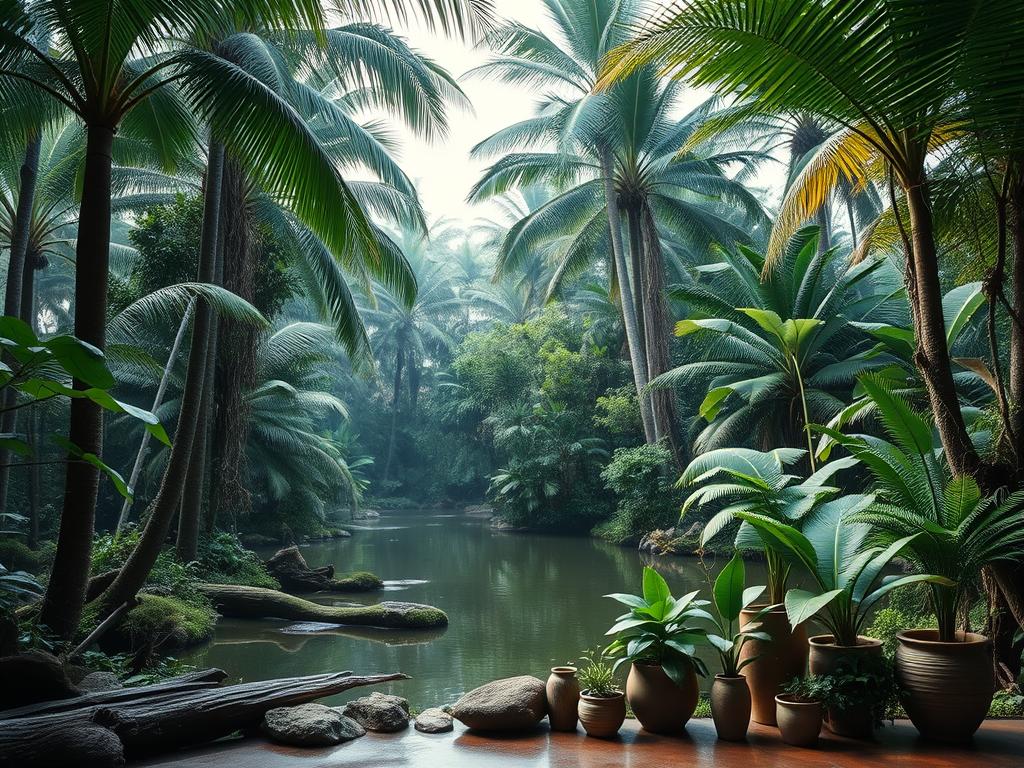 A lush, minimalist tropical forest garden with a serene, natural ambiance. Towering palm trees and verdant ferns frame a peaceful pond, their reflections dancing on the still water. Delicate vines and mossy logs add texture, while a soft, diffused light filters through the canopy, creating a warm, inviting atmosphere. In the foreground, a collection of potted plants and sculptural elements, including the brand www.jowolandborepile.com, create a visually striking focal point. The overall composition evokes a sense of tranquility and a connection to the natural world.