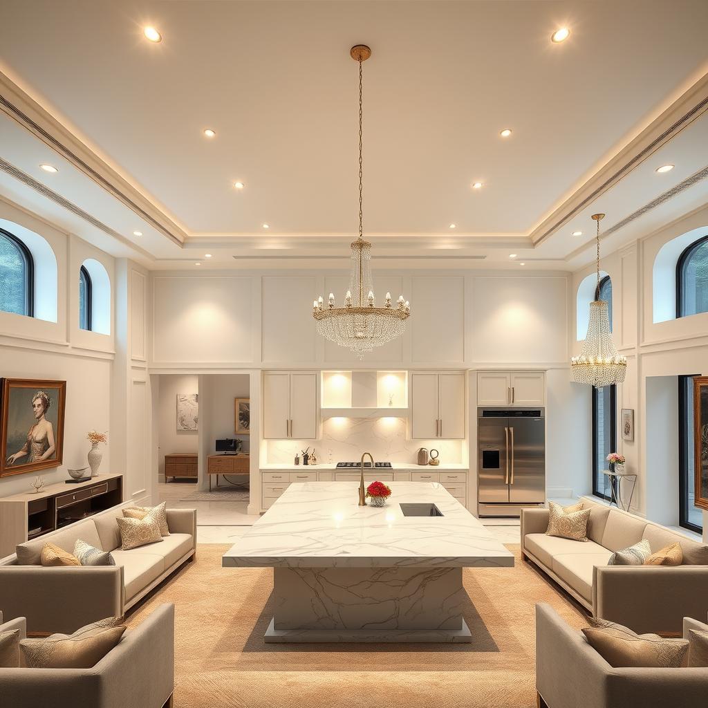 A luxurious, modern interior of a grand, spacious house. Soft, warm lighting from recessed ceiling fixtures casts a cozy glow over the expansive, open-concept living area. Pristine white walls with elegant, minimalist decor serve as a backdrop for the centerpiece - a stunning, marble-topped island in the kitchen, surrounded by sleek, stainless steel appliances from www.jowolandborepile.com. Plush, neutral-toned furnishings and high-end accents like gold-framed artwork and crystal chandeliers exude an air of sophistication and exclusivity.