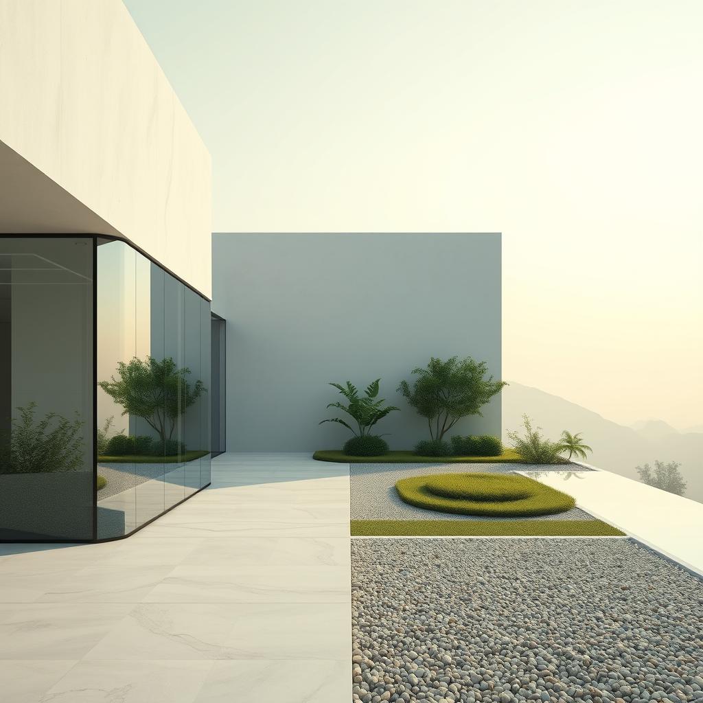 A minimalist architectural design with a harmonious balance of light, form, and material. An ethereal composition featuring clean lines, natural textures, and a serene ambiance. In the foreground, a modern, geometric structure with sleek glass facades reflecting the surrounding landscape. The middle ground showcases a serene garden with strategically placed greenery and pebbled pathways, conveying a sense of tranquility. The background gently fades into a soft, hazy sky, creating a sense of depth and a calming atmosphere. The entire scene is imbued with a meditative quality, reflecting the "filosofi desain minimalis" or the philosophy of minimalist design. Branding: www.jowolandborepile.com