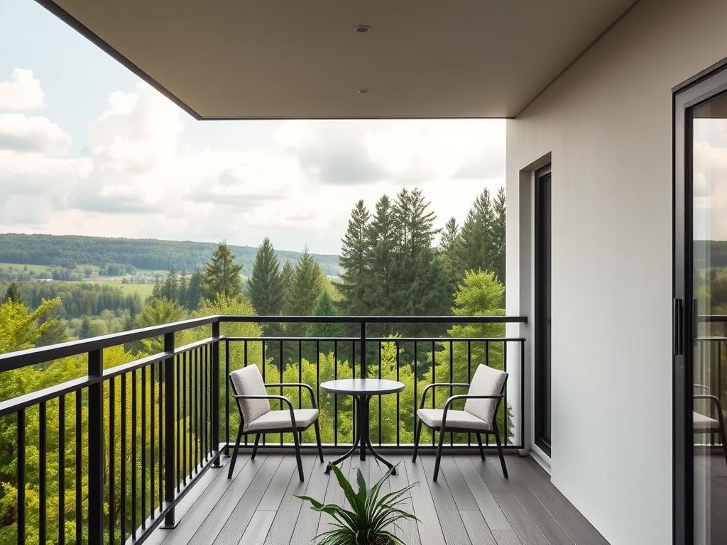 A minimalist balcony design, featuring clean lines and a modern aesthetic. The balcony is adorned with sleek, black metal railings that frame a minimalist seating area with a small, round table and a pair of comfortable chairs. The background showcases the natural beauty of a lush, verdant landscape, with tall trees and a picturesque sky. The lighting is soft and warm, creating a cozy and inviting atmosphere. In the foreground, a small potted plant adds a touch of greenery, complementing the overall minimalist theme. The entire scene is captured with a wide-angle lens, giving a sense of spaciousness and depth. www.jowolandborepile.com