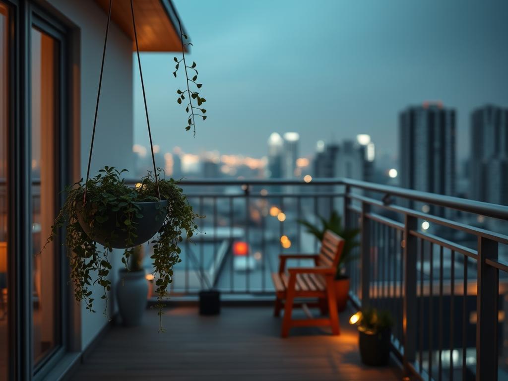 A minimalist balcony garden with a contemporary design. The foreground features a delicate hanging planter with cascading greenery, creating a softening effect. In the middle ground, a simple wooden bench provides a cozy seating area, complemented by a potted plant and a small side table. The background showcases a sleek metal railing system, allowing for an unobstructed view of the surrounding cityscape. The lighting is warm and inviting, creating a serene and relaxing atmosphere. The overall composition emphasizes clean lines, natural elements, and a harmonious integration with the urban setting. www.jowolandborepile.com