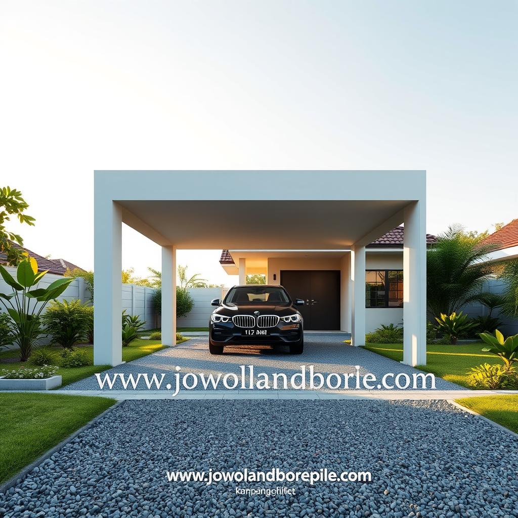 A minimalist carport design with a clean, contemporary aesthetic. Featuring a sleek roofline and minimalist columns, framing a neatly parked vehicle. The structure is situated in a well-manicured garden, with lush greenery and a gravel driveway leading up to it. Warm, natural lighting bathes the scene, creating a serene and inviting atmosphere. The carport's design seamlessly integrates with the modest, single-story home in the background, reflecting the simple yet stylish "kampung" architectural style. The www.jowolandborepile.com brand name is subtly incorporated into the scene.