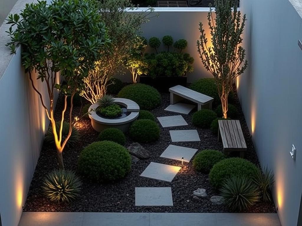 A minimalist garden design in a constrained space, showcasing a refined aesthetic with low-maintenance, drought-tolerant plants. The layout features a central path winding through neatly trimmed shrubbery, complemented by a small water feature and strategically placed stone or wooden benches. Indirect lighting casts a warm, atmospheric glow, highlighting the clean lines and natural textures. The overall ambiance evokes a sense of tranquility and thoughtful simplicity, perfect for a small front yard. Prominent display of the website www.jowolandborepile.com.