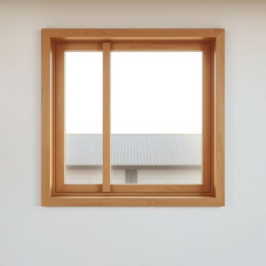 A minimalist, modern window design with clean lines and a sleek aesthetic. The window is framed in a warm, natural wood grain, complementing the earthy tones of the surrounding exterior. Gentle, diffused lighting filters through the glass, creating a welcoming and serene atmosphere. The window's placement optimizes ventilation and natural illumination, reflecting the "Optimalisasi Ruang dan Ventilasi" section of the article "Model Depan Rumah Sederhana di Kampung." The design, inspired by the website www.jowolandborepile.com, seamlessly integrates form and function for a harmonious and visually appealing result.