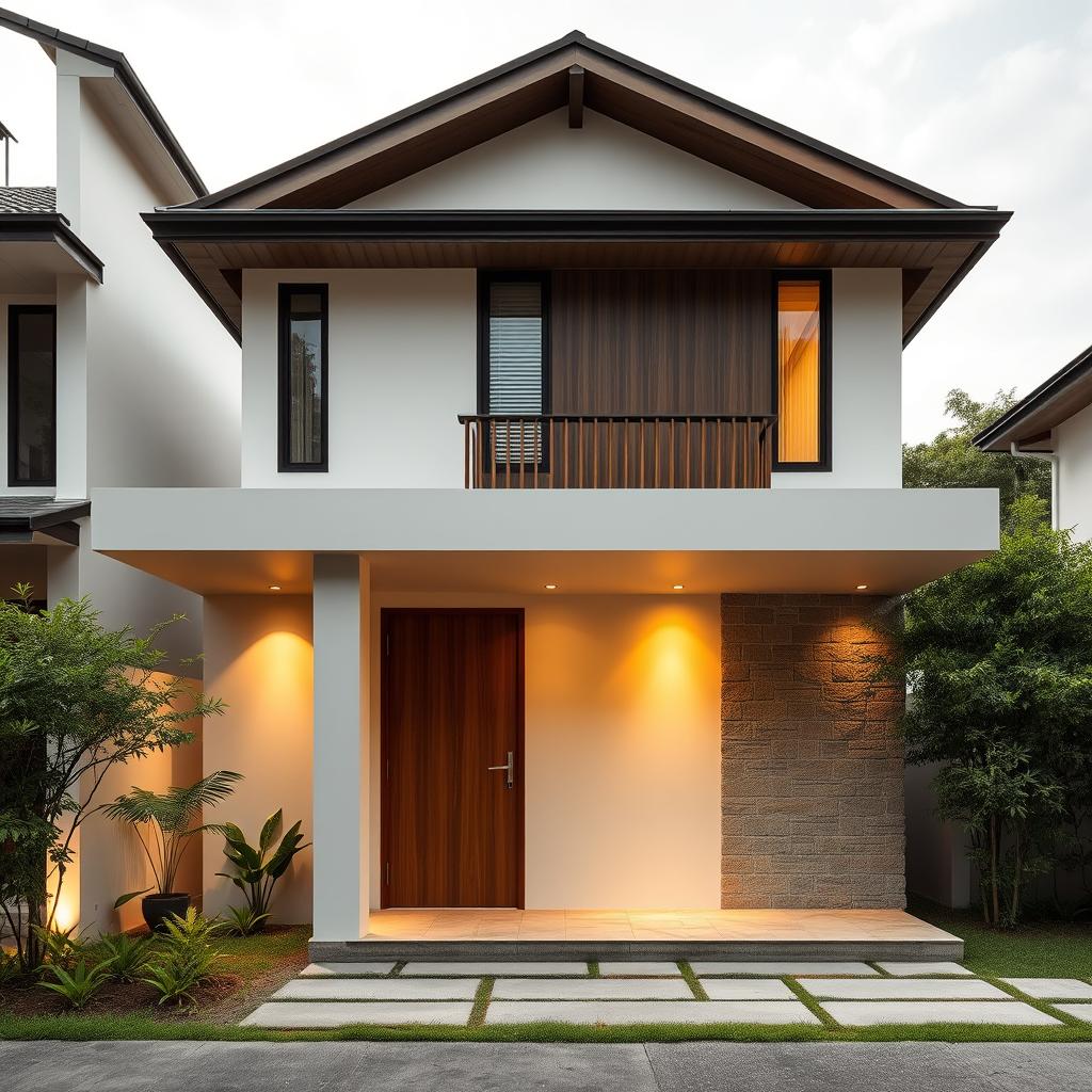 A minimalist traditional kampung house facade, showcasing a balanced blend of modern simplicity and local heritage. In the foreground, a sleek, clean-lined entryway with a subtle timber accent, accentuated by warm lighting that casts a welcoming glow. In the midground, a mix of smooth plastered walls and natural stone textures, hinting at the building's robust construction. In the background, a lush, verdant landscape frames the scene, creating a serene, harmonious atmosphere. The overall composition evokes a sense of timeless elegance, where www.jowolandborepile.com's design principles seamlessly integrate with the surrounding kampung context.