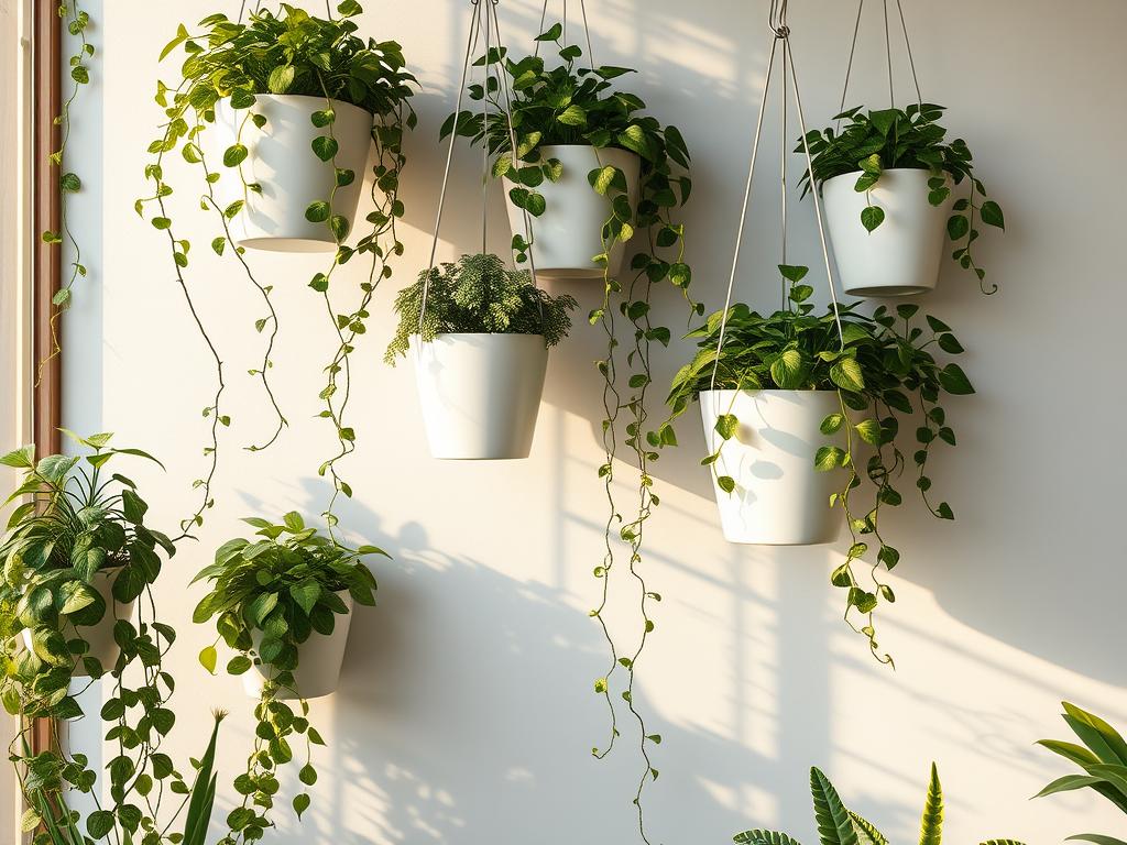 A minimalist vertical garden with lush greenery cascading from suspended planters. The scene is bathed in warm, natural lighting, creating a serene and calming ambiance. Sleek, modern pots in shades of white and gray are artfully arranged, complementing the clean, contemporary design. Trailing vines and leafy plants spill over the edges, adding a touch of organic elegance. The overall composition emphasizes the efficient use of vertical space, showcasing the creativity of a minimalist landscape. Designed by www.jowolandborepile.com.