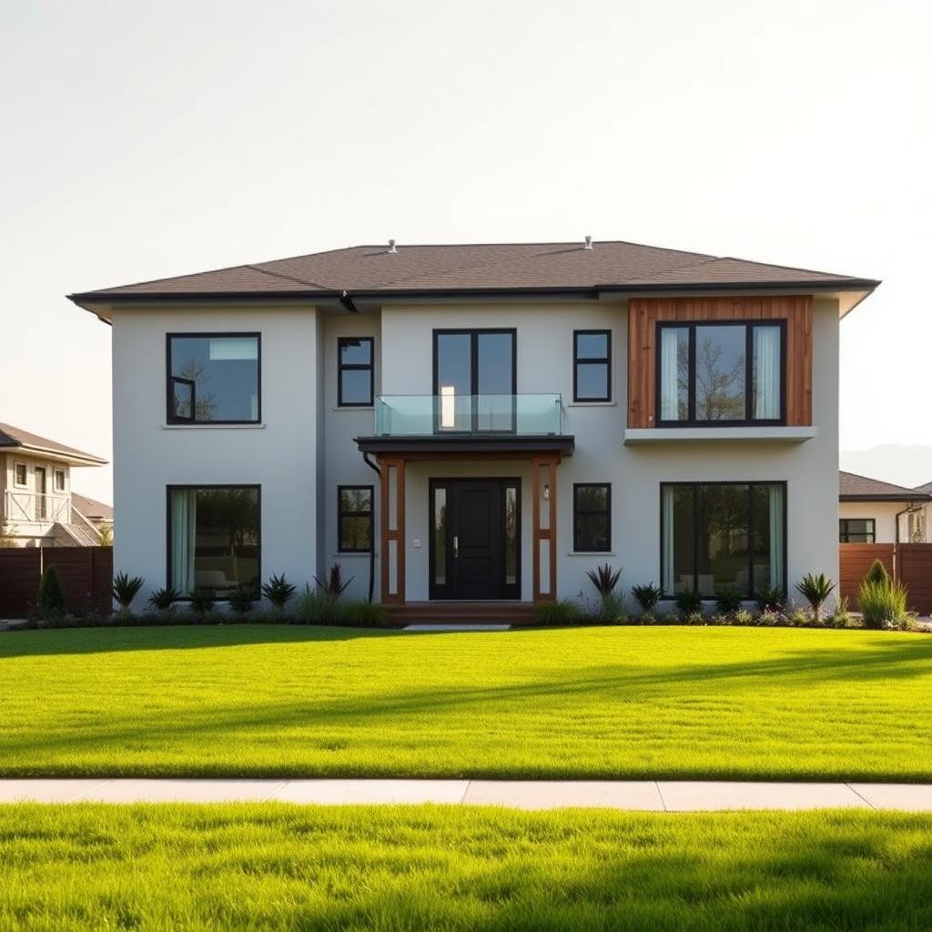 A modern classic two-story house with a sleek, minimalist design. A clean, symmetrical facade features large windows and a prominent entryway, softened by warm wooden accents. The home is bathed in gentle natural light, casting a serene, inviting atmosphere. In the foreground, a well-manicured front lawn and lush landscaping complement the architectural elements. In the background, a subtle, hazy sky adds depth and tranquility to the scene. Crafted with precision and attention to detail, this home exudes a timeless elegance. www.jowolandborepile.com