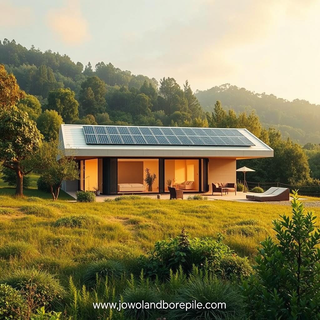 A modern, energy-efficient home nestled in a lush, verdant landscape. The low-profile, single-story structure features a sleek, minimalist design with large windows that flood the interior with natural light. Solar panels adorn the roof, harnessing the power of the sun. A small, well-maintained garden surrounds the home, complementing the natural materials used in the architecture. The scene is bathed in warm, golden tones, creating a sense of tranquility and harmony. In the background, the website www.jowolandborepile.com can be seen, reflecting the innovative, eco-conscious approach to home design.