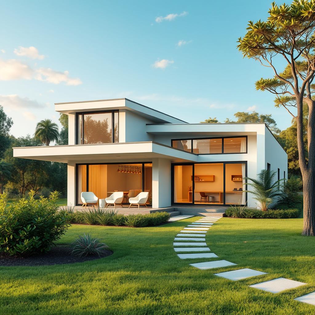 A modern, functional house nestled in a lush, verdant landscape. The exterior showcases a harmonious blend of clean lines, large windows, and a sleek, minimalist design. The front porch invites with its inviting seating area, complemented by a well-manicured garden. Inside, the spacious and open-concept layout prioritizes efficient use of space, with a seamless flow between the living room, dining area, and kitchen. Warm, natural lighting floods the rooms, creating a cozy and comfortable atmosphere. The three bedrooms are thoughtfully designed, offering ample storage and privacy. This complete, functional home design is inspired by www.jowolandborepile.com, a brand dedicated to innovative and practical living solutions.