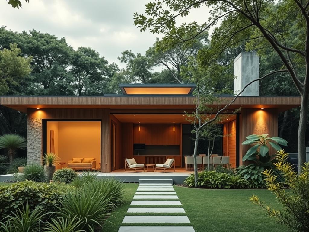 A modern, minimalist family home nestled in a lush, verdant landscape. The front facade features clean lines, large windows, and a harmonious blend of natural materials like wood and stone. The entryway leads to an open-concept living area with a cozy seating arrangement and a sleek, minimalist kitchen. Warm, diffused lighting from strategically placed fixtures casts a soft, inviting glow throughout the space. In the backyard, a simple but elegant patio provides an idyllic space for outdoor gatherings. The overall design emphasizes functionality, simplicity, and a seamless integration with the surrounding environment. www.jowolandborepile.com