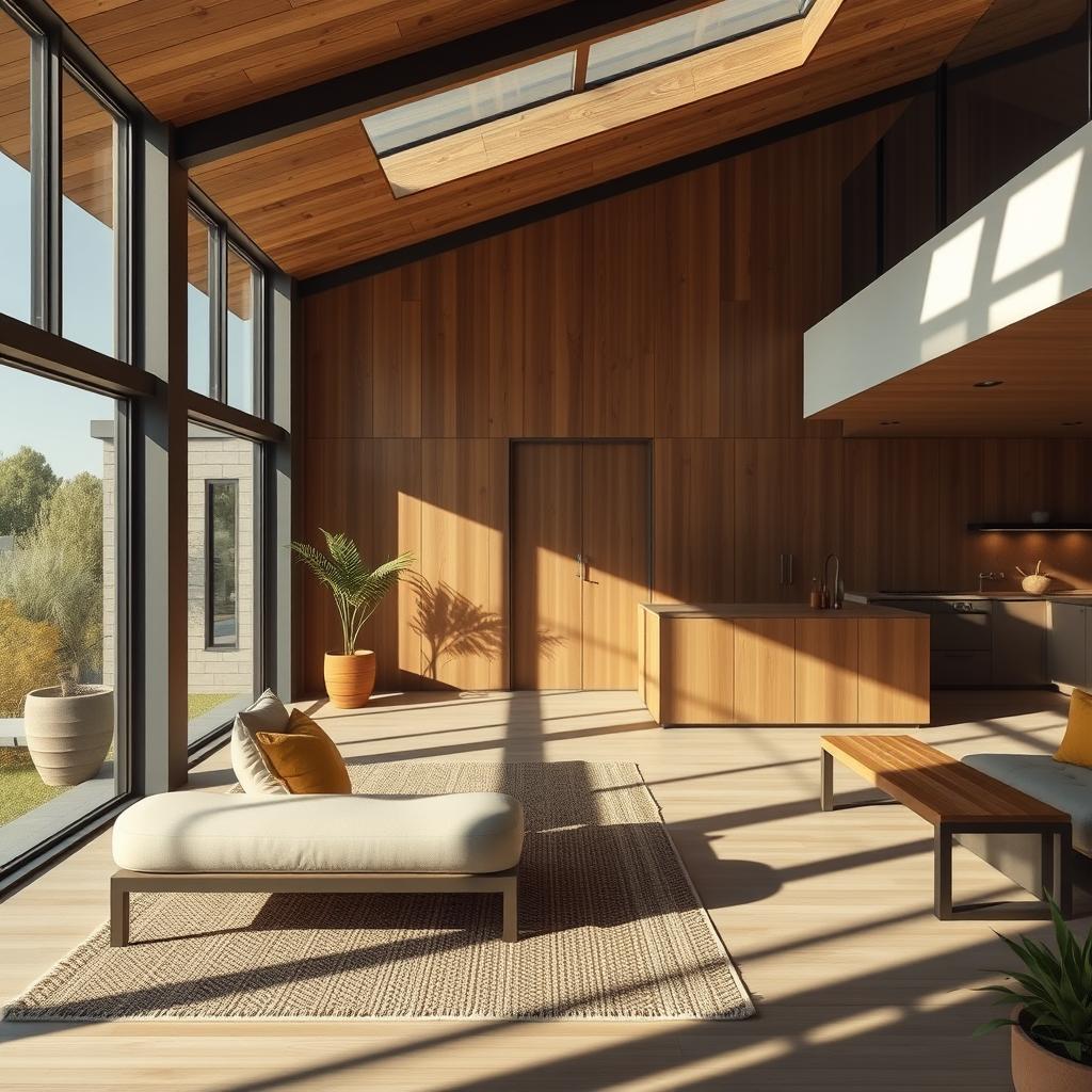 A modern, minimalist home design with warm, natural accents of wood. Sunlight filters through large windows, casting soft shadows across the clean lines of the interior. A sleek, uncluttered living space with a wooden feature wall, complemented by textured area rugs and minimalist furniture. The kitchen showcases a wooden island and simple, muted cabinetry. Outdoors, a covered terrace offers a seamless transition between indoors and nature, featuring a wooden bench and potted plants. The overall atmosphere is one of understated elegance and calm, with the organic touch of the wood creating a cozy, inviting ambiance. www.jowolandborepile.com
