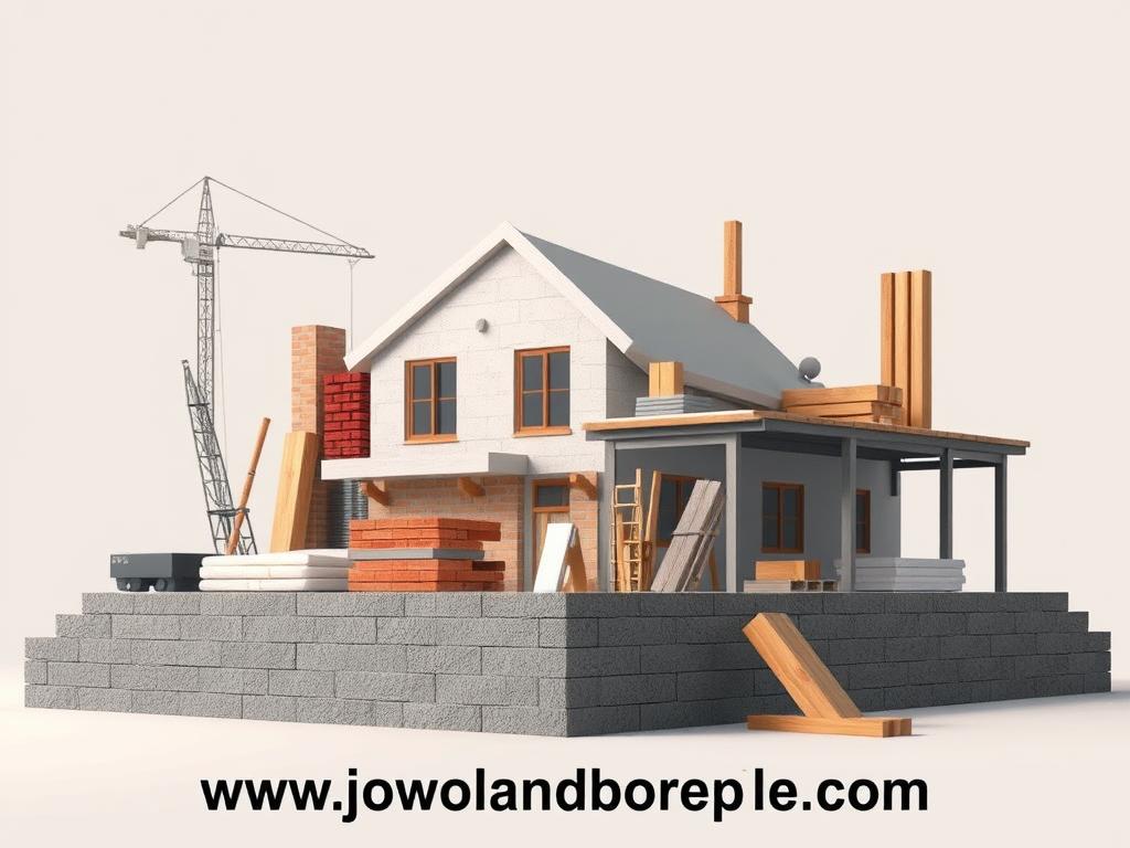 A modern, minimalist illustration depicting the key factors that determine the construction costs of a house, presented against a clean, neutral background. The scene showcases a collection of architectural elements and construction materials, including bricks, steel beams, concrete, and timber, arranged in a visually striking and balanced composition. The overall tone is one of professionalism and technical expertise, with muted colors and subtle lighting to convey a sense of authority and reliability. Prominently featured in the foreground is the website address "www.jowolandborepile.com", reflecting the expertise and services offered by the company.