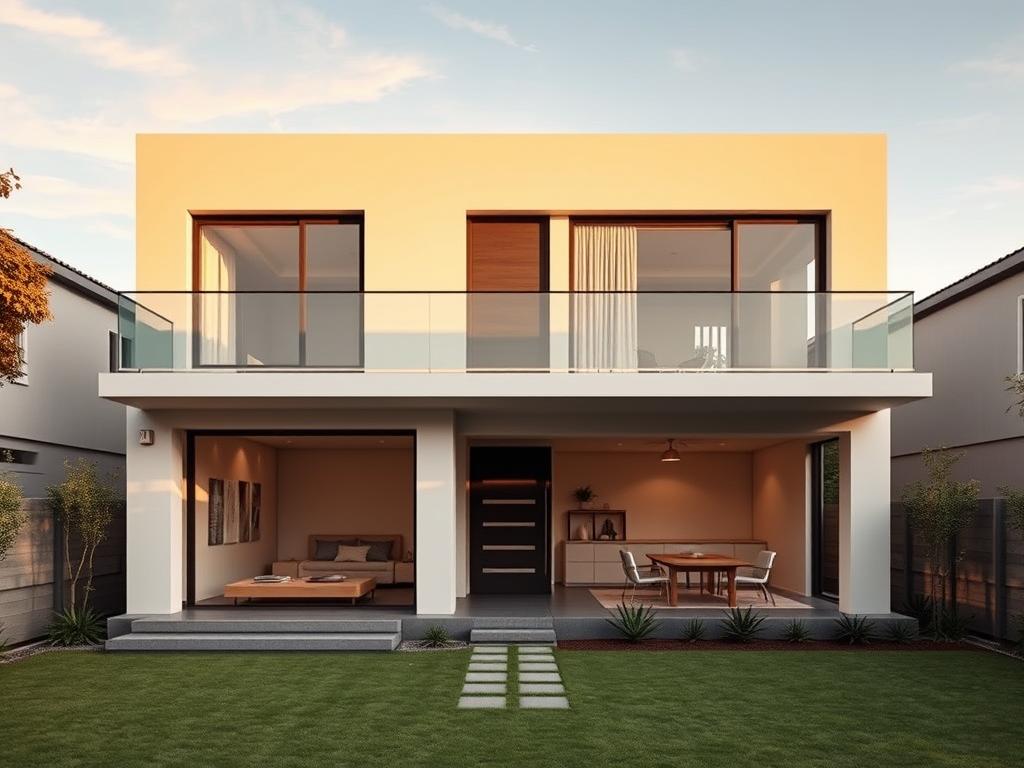 A modern, minimalist two-story home with a clean, sleek exterior. The facade features large windows, a flat roof, and a neutral color palette of white, gray, and wood accents. The entryway leads to an open-concept interior with high ceilings, minimalist furnishings, and natural lighting filtering through the expansive windows. Subtle textures, such as exposed brick and wooden beams, add depth and warmth to the minimalist design. The backyard showcases a simple, low-maintenance landscaping with carefully placed greenery. Captured in a warm, golden hour lighting, the image exudes a sense of tranquility and sophistication. www.jowolandborepile.com