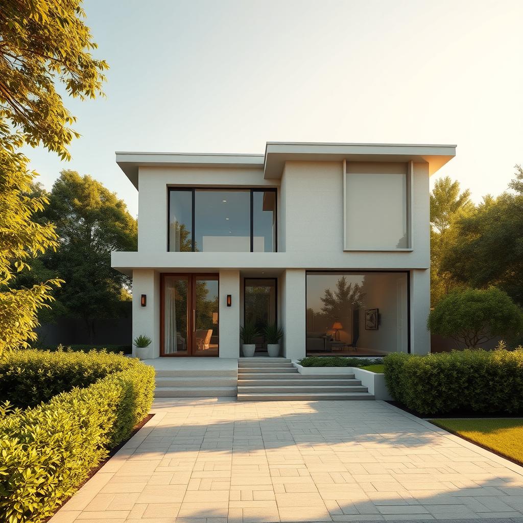 A modern, minimalist, yet luxurious two-story home nestled amidst lush greenery. Clean lines, large windows, and a neutral color palette create an airy, sophisticated ambiance. The sun's warm glow bathes the exterior in a soft, golden light, casting gentle shadows across the smooth, textured walls. The roofline is simple, with a shallow pitch that adds to the home's elegant simplicity. A stylish, paved driveway leads to the front entrance, flanked by neatly trimmed hedges and a few potted plants that add a touch of nature. This serene, understated residence perfectly captures the essence of "www.jowolandborepile.com" - a simple, yet luxurious home design.