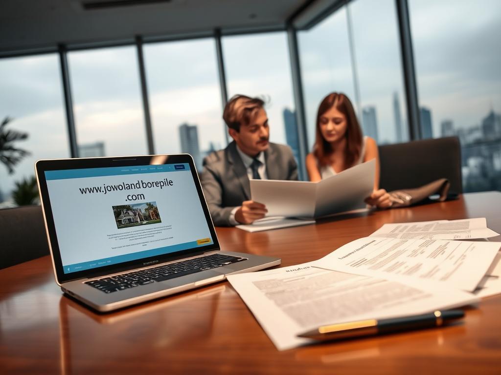 A modern office space with a well-lit desk, showcasing the process of creating a property sale deed. In the foreground, a notary public reviews documents with a client, both individuals dressed professionally. The middle ground displays a laptop displaying the www.jowolandborepile.com website, alongside various legal papers and a pen. The background features a large window overlooking a cityscape, creating a sense of atmosphere and importance. The lighting is soft and warm, casting a subtle glow over the scene, conveying a sense of professionalism and attention to detail in the property transfer process.