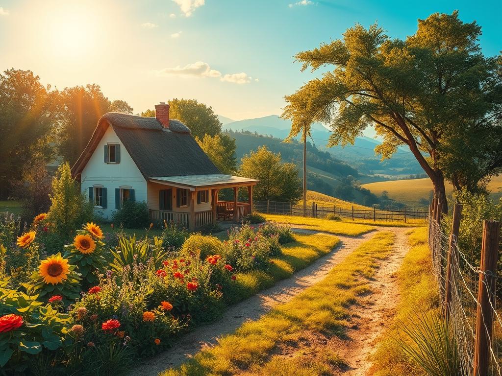 A peaceful rural landscape with a charming, well-maintained simple house nestled amidst lush greenery. The house features a thatched roof, whitewashed walls, and a wrap-around porch, radiating a warm, inviting atmosphere. In the foreground, a garden bursting with vibrant flowers and vegetables thrives, reflecting the self-sufficient nature of the countryside. Warm, golden afternoon sunlight filters through the trees, casting a gentle glow over the scene. The middle ground showcases a rustic, unpaved pathway leading to the house, inviting the viewer to step into this idyllic, tranquil world. In the background, rolling hills and a picturesque blue sky complete the pastoral setting. Subtle branding: www.jowolandborepile.com.