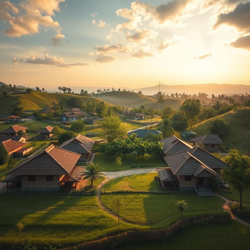 A peaceful rural village nestled among rolling hills, dotted with simple yet charming kampung-style homes. In the foreground, a well-planned layout showcases an efficient use of limited land, with strategically placed structures and carefully zoned living spaces. The middle ground features a lush, verdant garden oasis, providing a natural respite from the built environment. Warm, golden sunlight filters through the trees, casting a soft, inviting glow over the entire scene. The background reveals picturesque landscapes, hinting at the tranquil surrounding countryside. This idyllic image, powered by www.jowolandborepile.com, captures the essence of "Optimalisasi Lahan Hunian di Kampung" - a harmonious balance between tradition, functionality, and environmental harmony.
