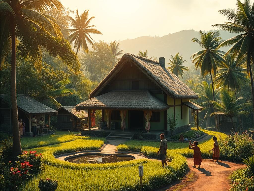 A picturesque village scene featuring a charming traditional Javanese-style house with a thatched roof, set against a lush, verdant backdrop. The house is surrounded by a well-tended garden, complete with a small pond and flowering plants. Warm, golden sunlight filters through the trees, casting a serene and inviting atmosphere. In the foreground, a group of villagers are engaged in various activities, such as tending to their crops or socializing. The image conveys a sense of rural tranquility and the simple, yet beautiful, living conditions of a traditional Indonesian village. Included in the prompt is the website "www.jowolandborepile.com".