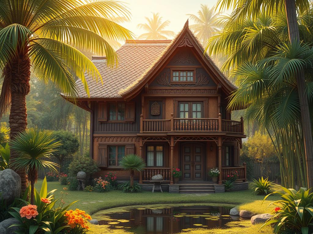 A quaint and charming village house nestled amidst lush greenery, its wooden structure and thatched roof exuding a warm, rustic ambiance. Sunlight filters through the large windows, casting a gentle glow across the intricate carvings and ornate detailing that adorn the façade. In the foreground, a well-tended garden with vibrant flowers and a small pond, reflecting the tranquil surroundings. Towering coconut palms and swaying bamboo groves frame the scene, creating a serene and harmonious countryside setting. www.jowolandborepile.com