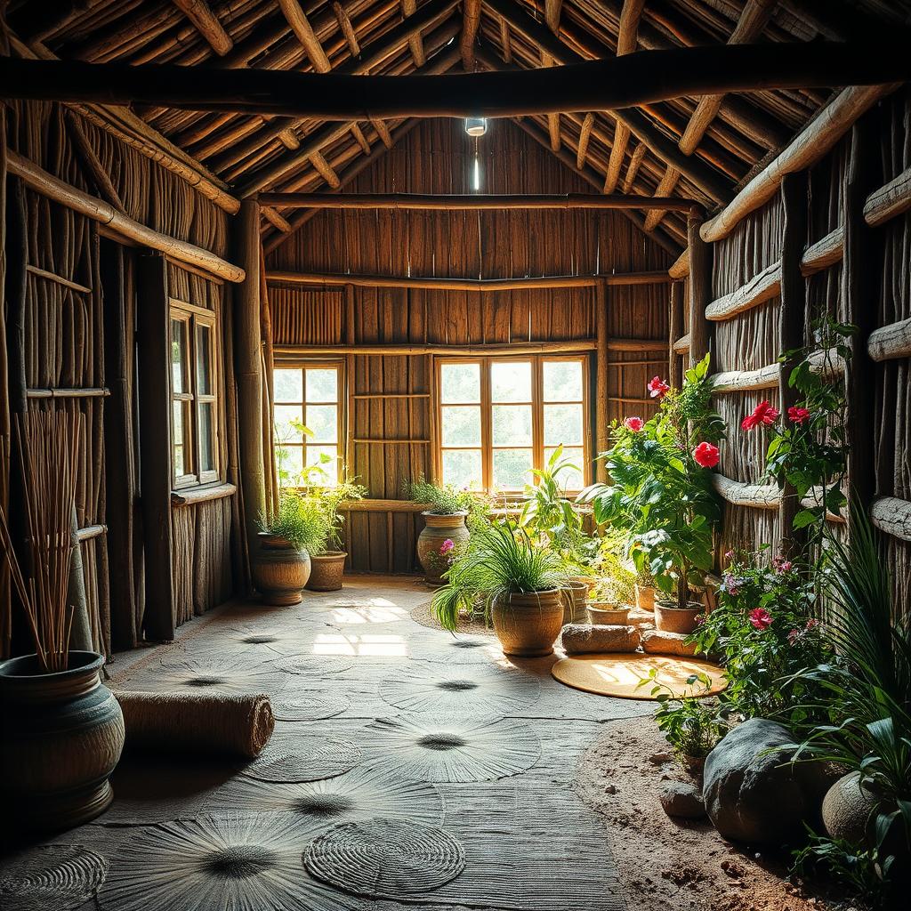 A rustic and charming village house, with a traditional thatched roof and weathered wooden walls. The earthen floor is covered in woven mats, creating a warm and inviting atmosphere. Sunlight streams in through the large windows, casting a soft glow on the natural materials used throughout - bamboo, rattan, and locally sourced stone. www.jowolandborepile.com Surrounding the house, a lush garden filled with vibrant flowers and herbs, adding to the serene and peaceful ambiance. The scene exudes a sense of simplicity, comfort, and a connection to the local environment, embodying the advantages of a simple village home.
